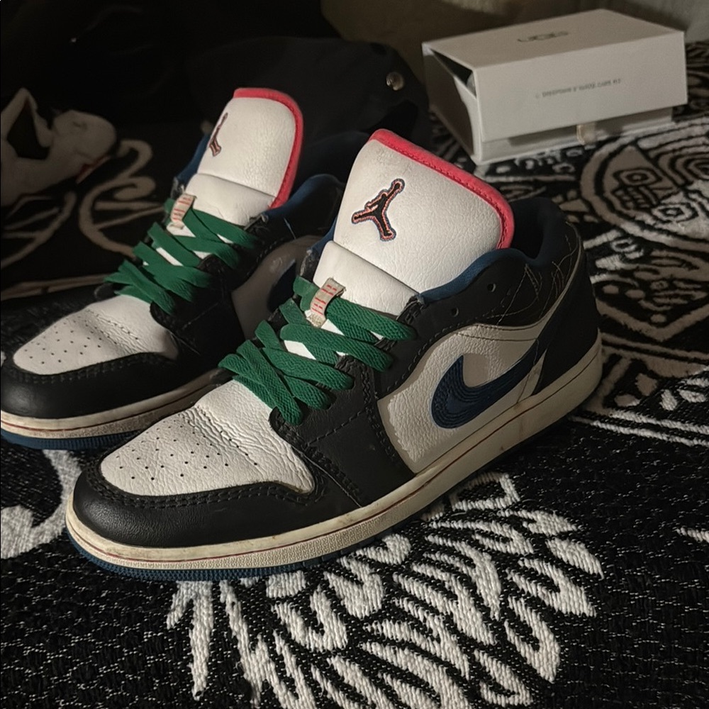 Black and White Sneakers with Green Laces